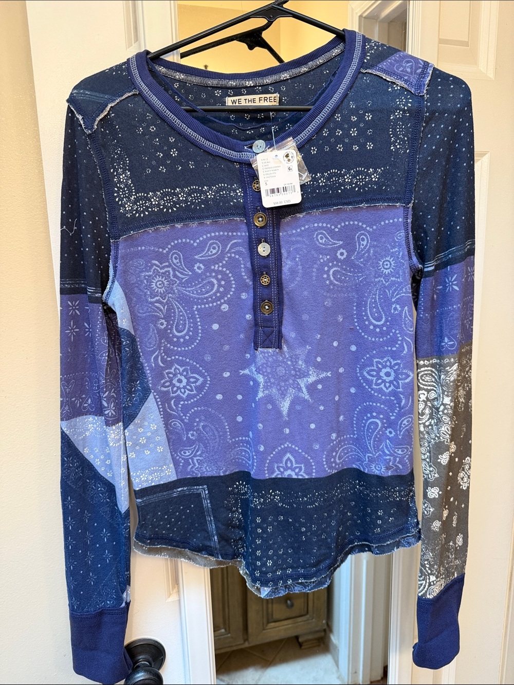 We The Free Blue Patchwork Paisley Henley Long Sleeve Top